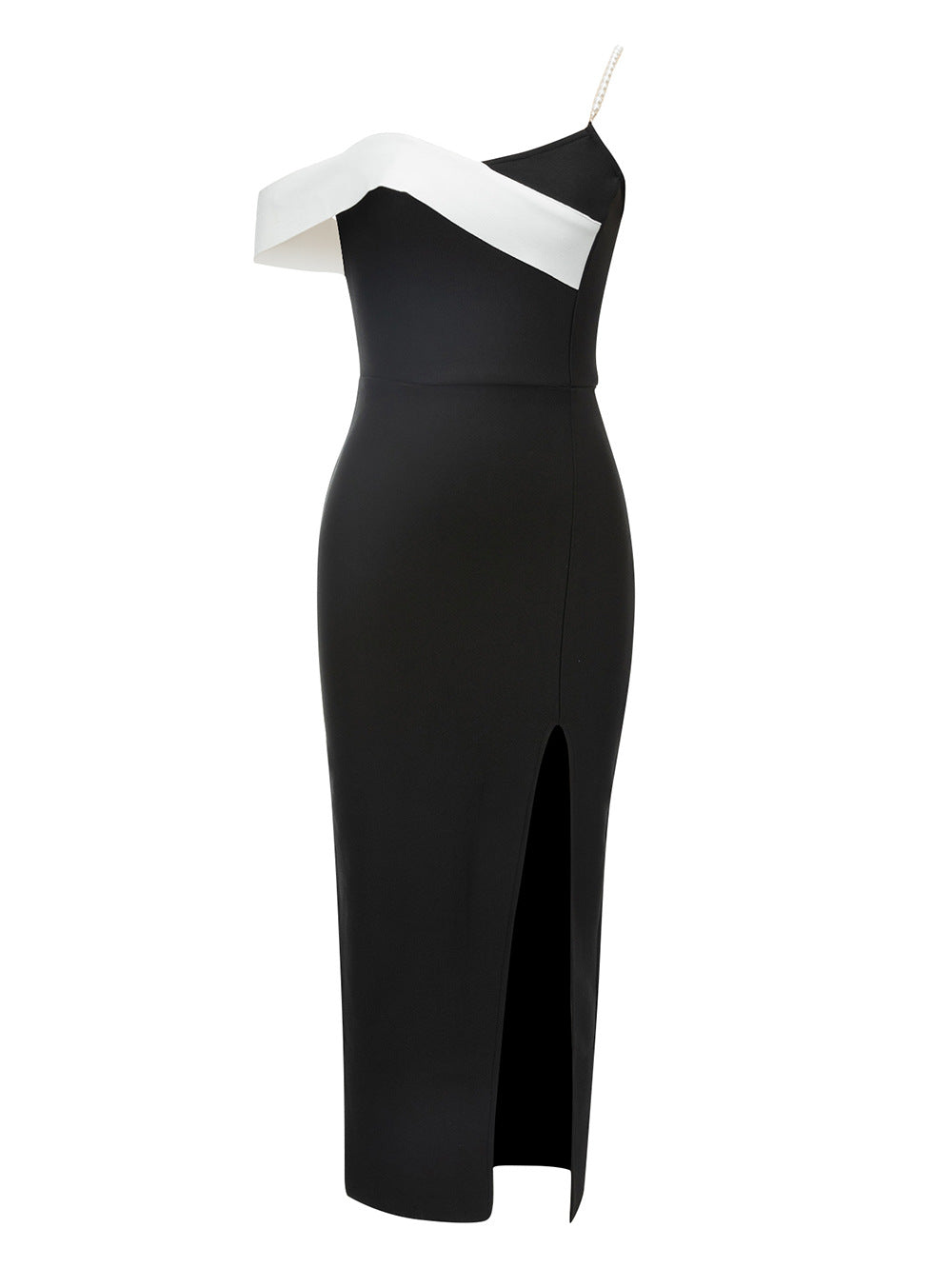 Ladies evening dress with asymmetrical strap and sexy slit
