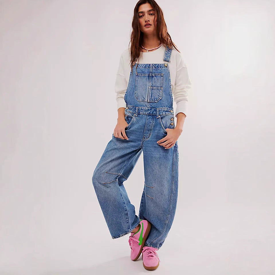 Women's Casual Denim Overalls with Wide Leg Cut