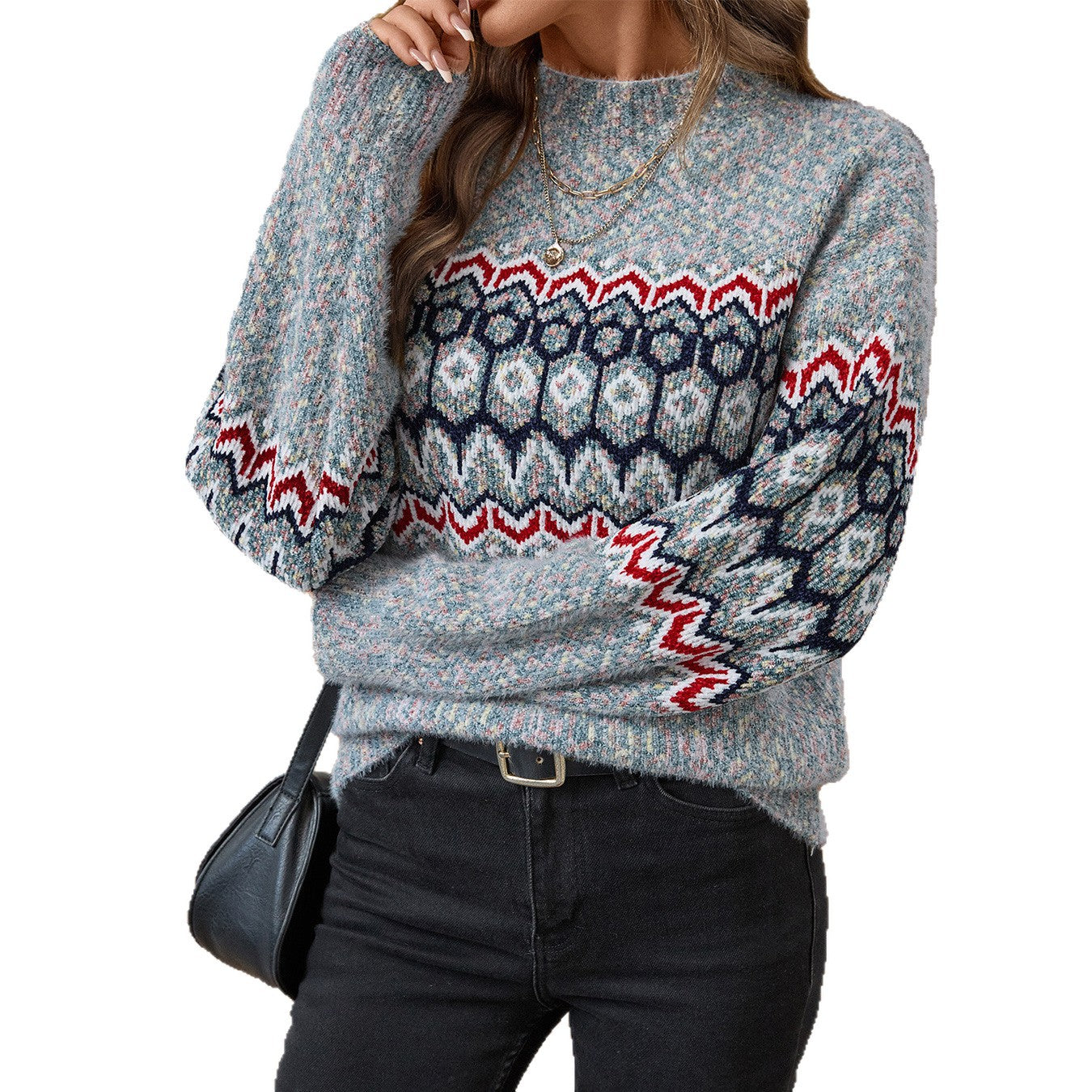 Women's knitted pullover with geometric pattern and loose fit