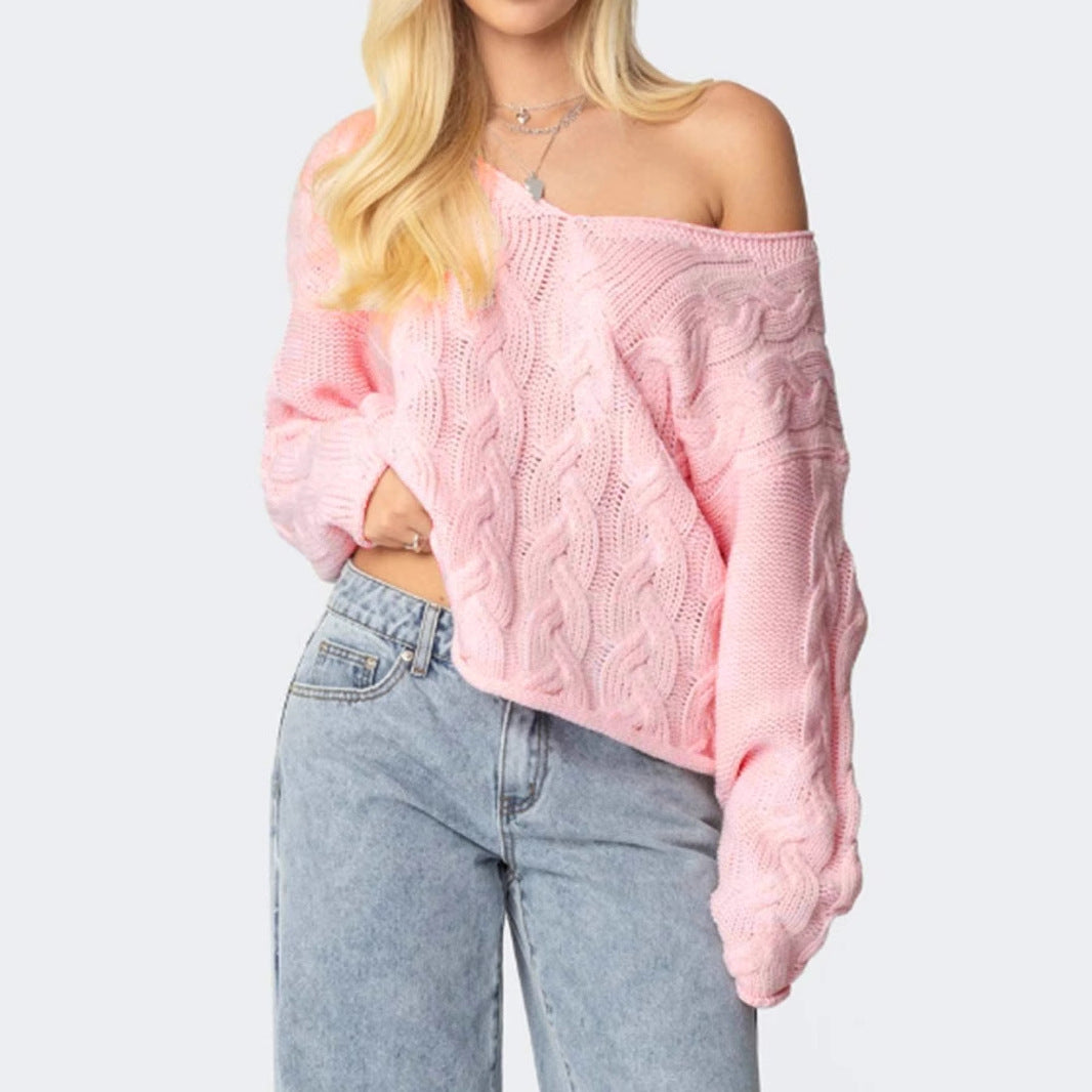 Women's chunky knit pullover with deep V-neck and casual silhouette