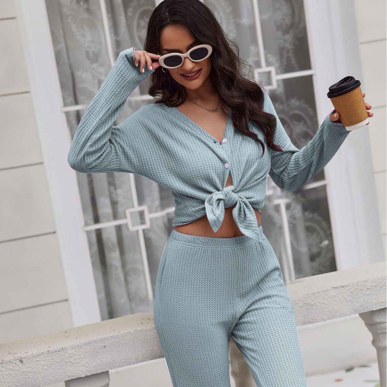 Women's pajama set with long sleeves and button placket