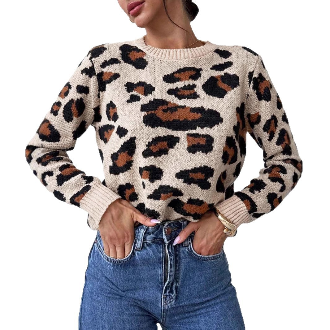 Women's cozy knit pullover with leopard pattern and dropped shoulders