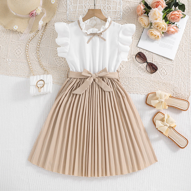 Girls Pleated Skirt Dress with Puff Sleeves and Waist Knot