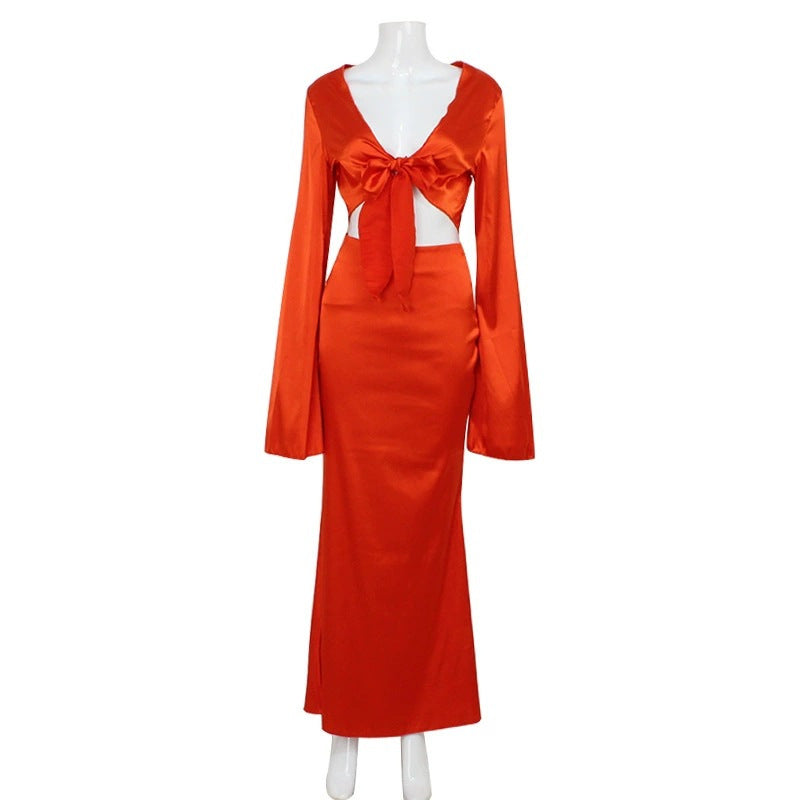 Women's Long Satin Dress with Voluminous Sleeves and Deep V-Neck