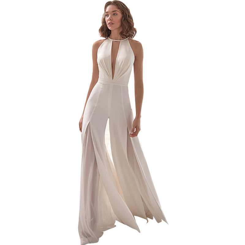 Ladies Elegant Evening Jumpsuit with Deep V-Neck and Flowing Skirt