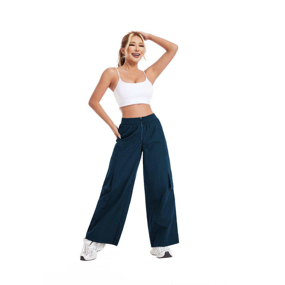 Women's High-Waisted Casual Cargo Pants with Wide Legs and Practical Side Pockets