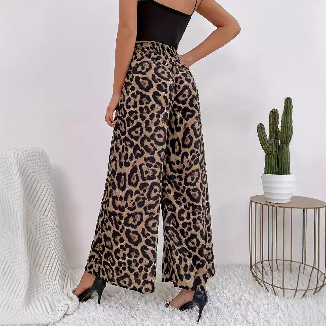 Women's Wide Leopard Pants made of flowing material with elastic waistband