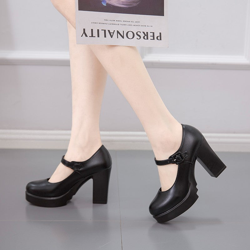 Women's elegant Mary Jane pumps with decorative strap and comfortable block heel