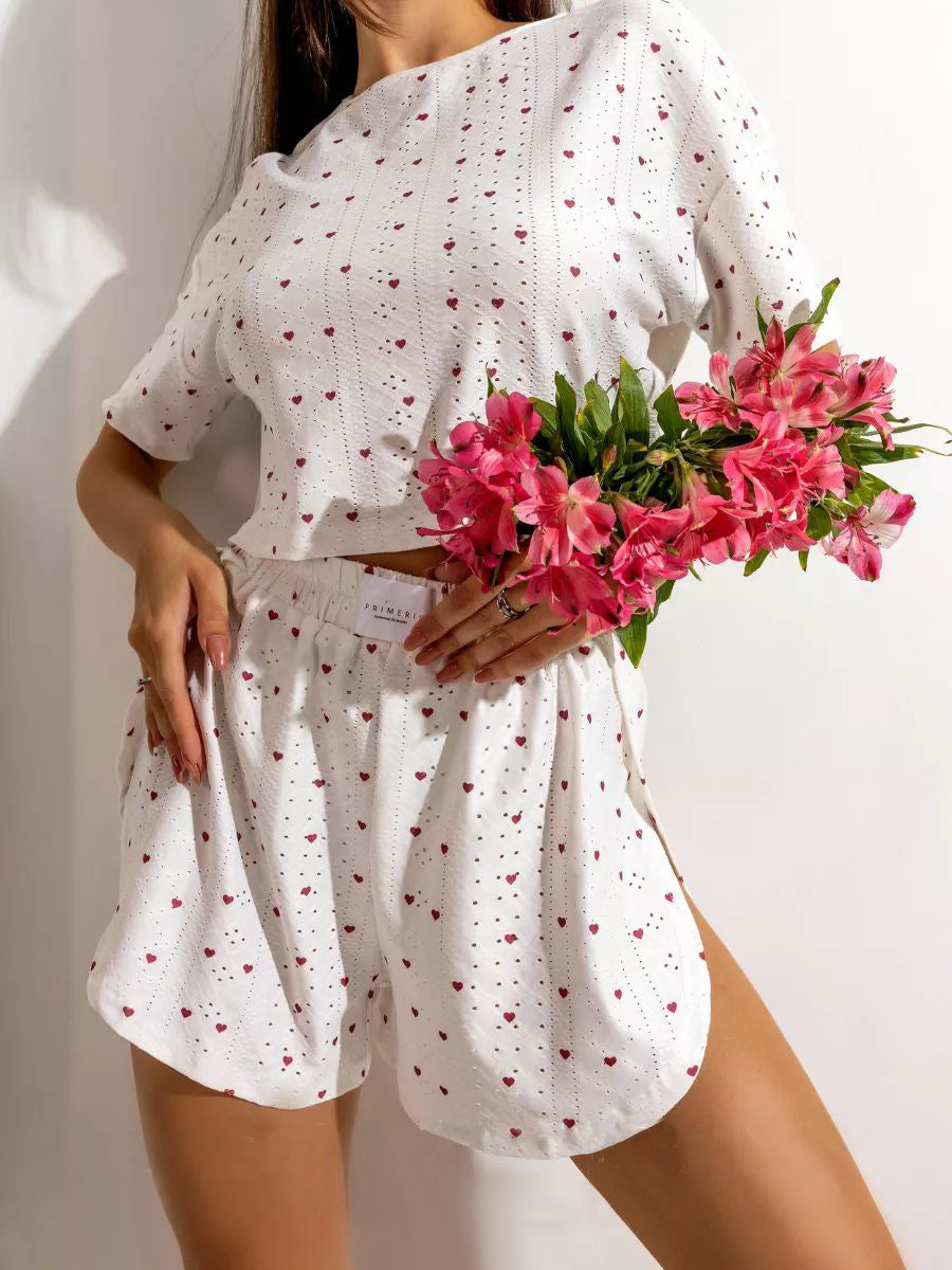 Women's pajama set with airy texture and playful heart design