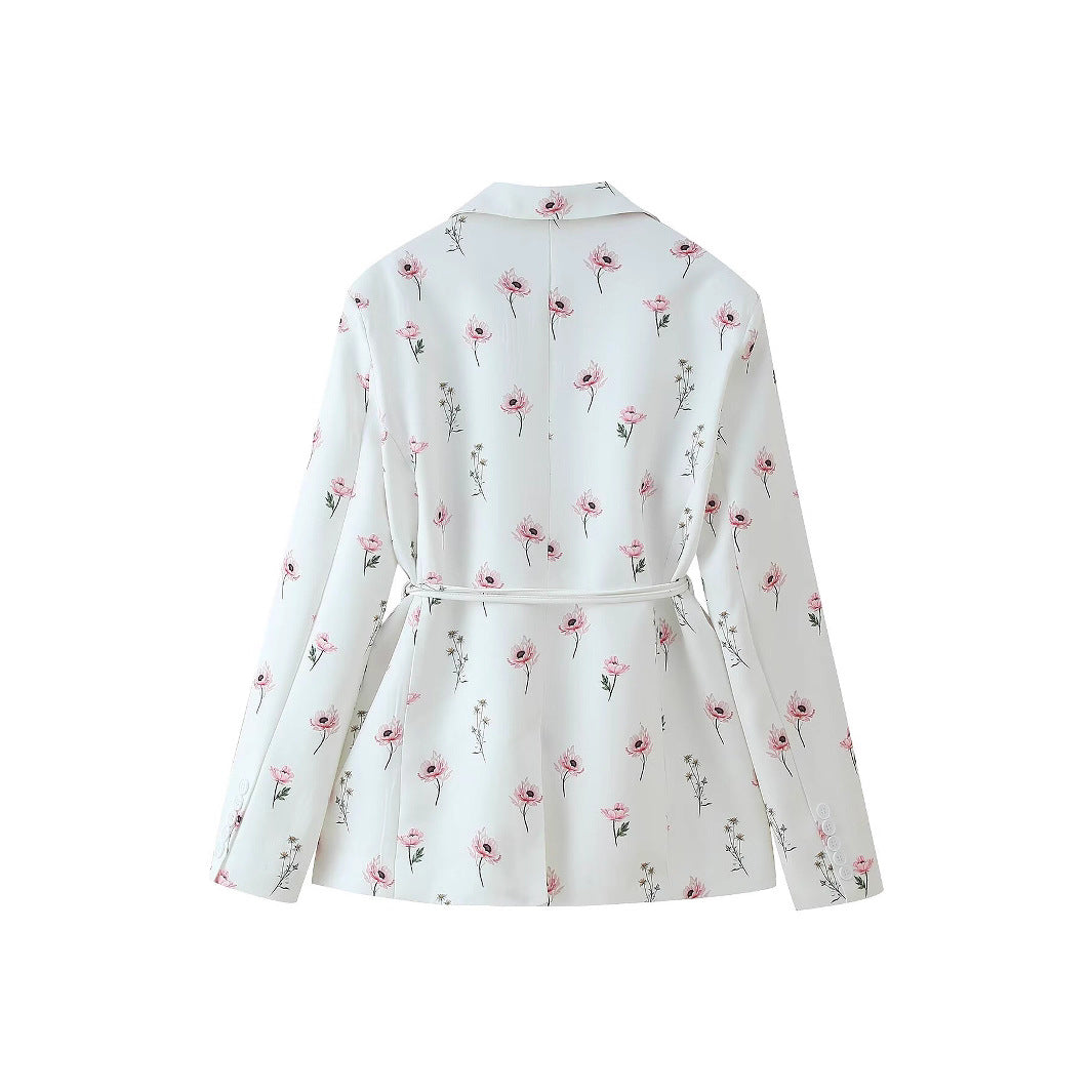 Ladies stylish blazer jacket with floral design and fitted belt
