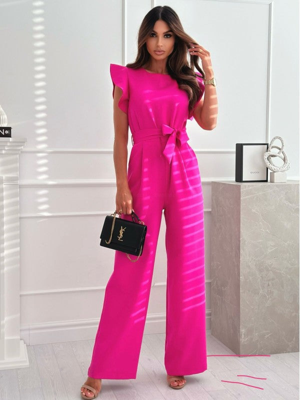 Women's jumpsuit with waist belt and elegant ruffle details