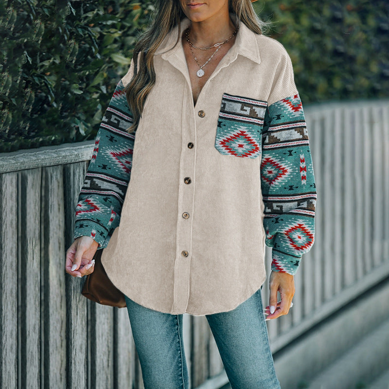 Ladies cord jacket with decorative ethnic pattern