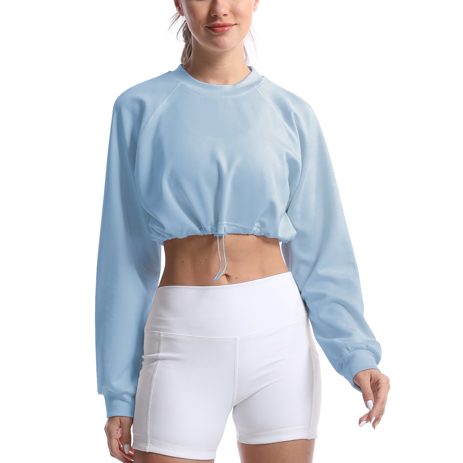 Women's sporty crop pullover with adjustable hem and long sleeves