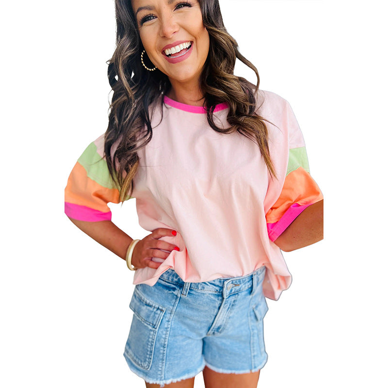 Women's Casual T-Shirt with Colorful Sleeves