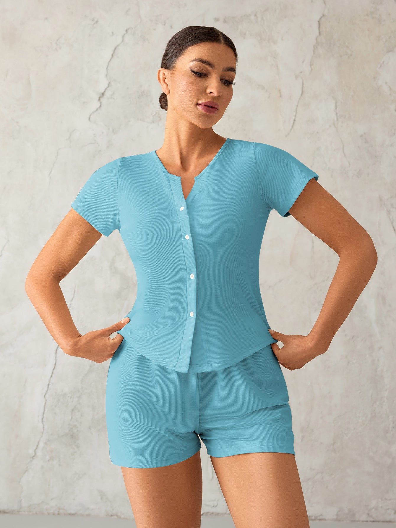 Women's Comfortable Short Sleeve Pajama Set with Button Closure and Stretchable Waist