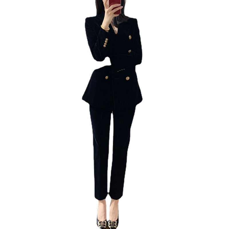 Ladies Velvet Double-Breasted Suit Set