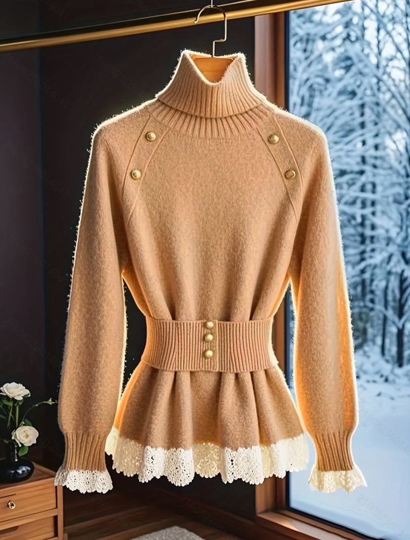 Women’s elegant knit pullover with high neck and decorative button details