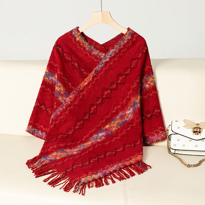 Ladies fashion wrap sweater with fringed hem and unique pattern