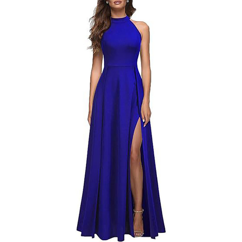 Women's maxi dress with side slit and elegant collar