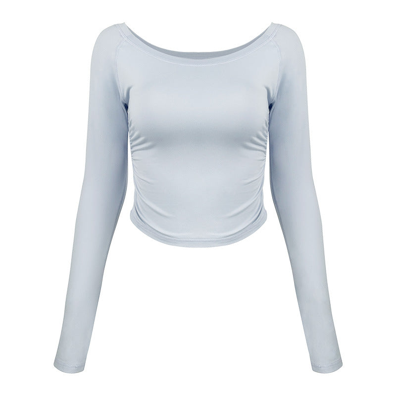 Ladies fitted long sleeve shirt with elegant gathering and round neckline