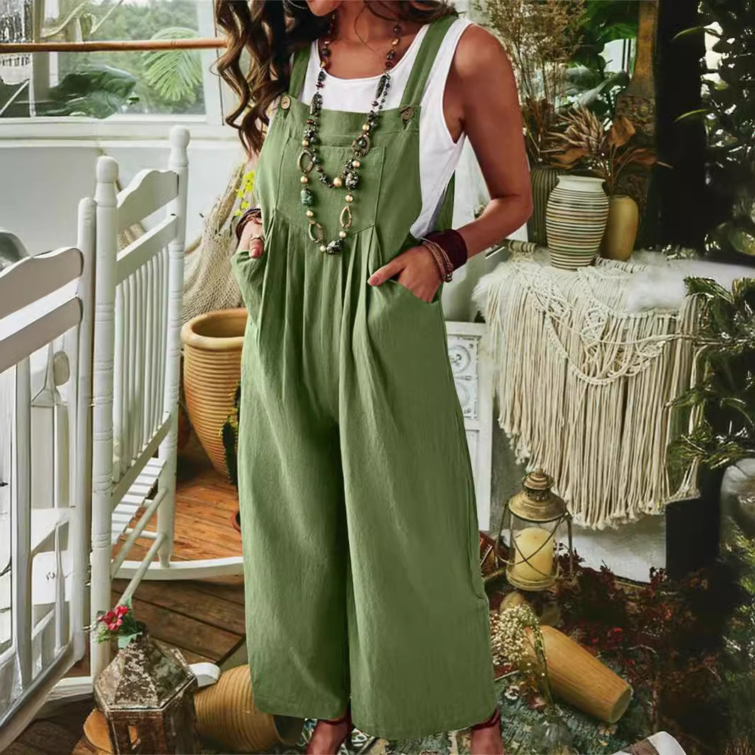 Ladies Casual Jumpsuit with Wide Leg and Pockets