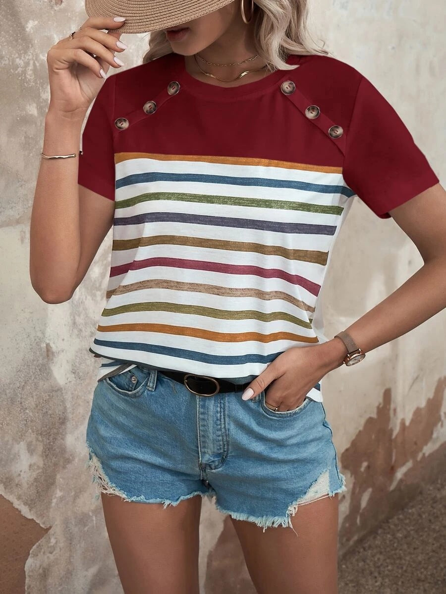 Women striped T-shirt with stylish button details and round neck