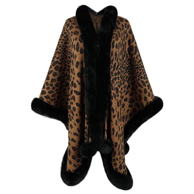 Women's cozy poncho with luxurious faux fur trim and leopard print