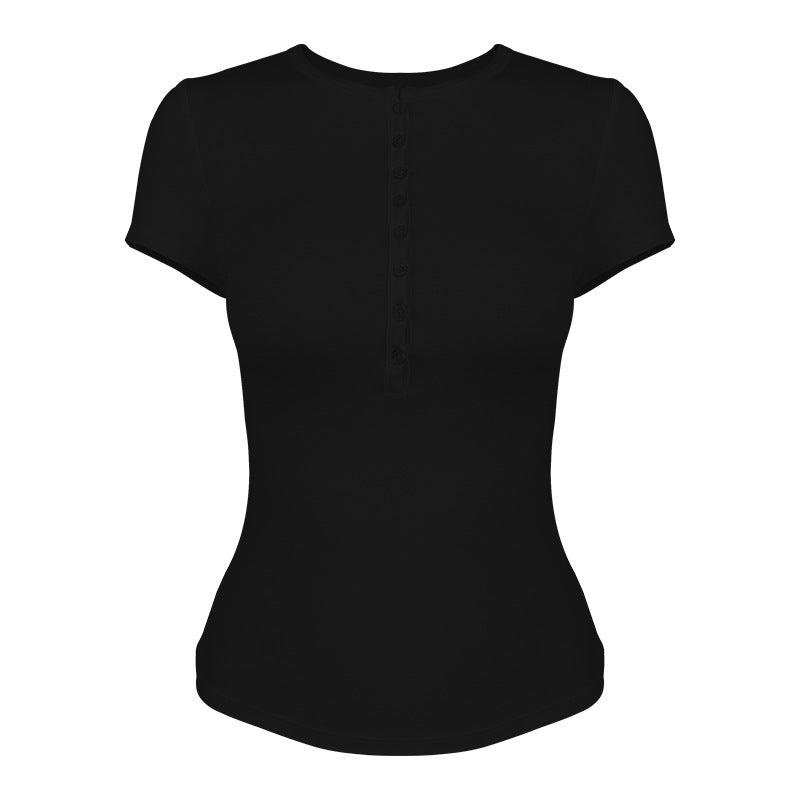 Ladies Short-Sleeve Functional Shirt with Refined Button Placket and Elastic Cut