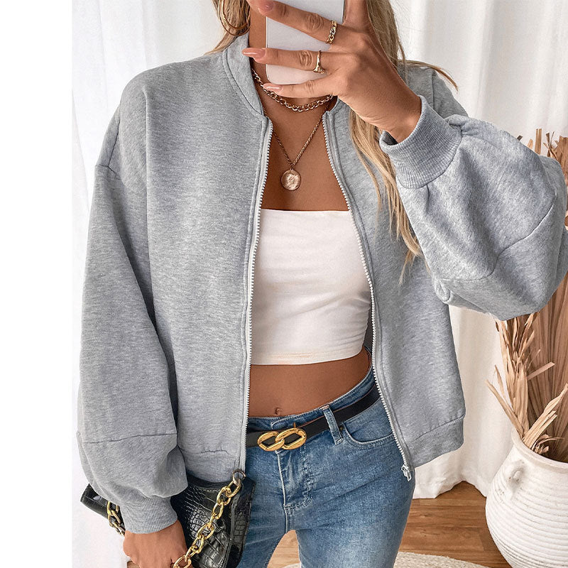 Women's casual bomber jacket with voluminous sleeves and zipper