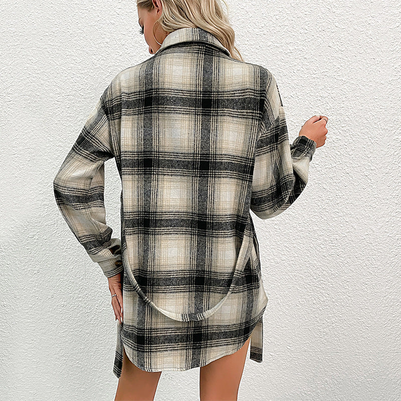 Women's casual check shirt jacket with fashionable button details and lightweight cotton quality
