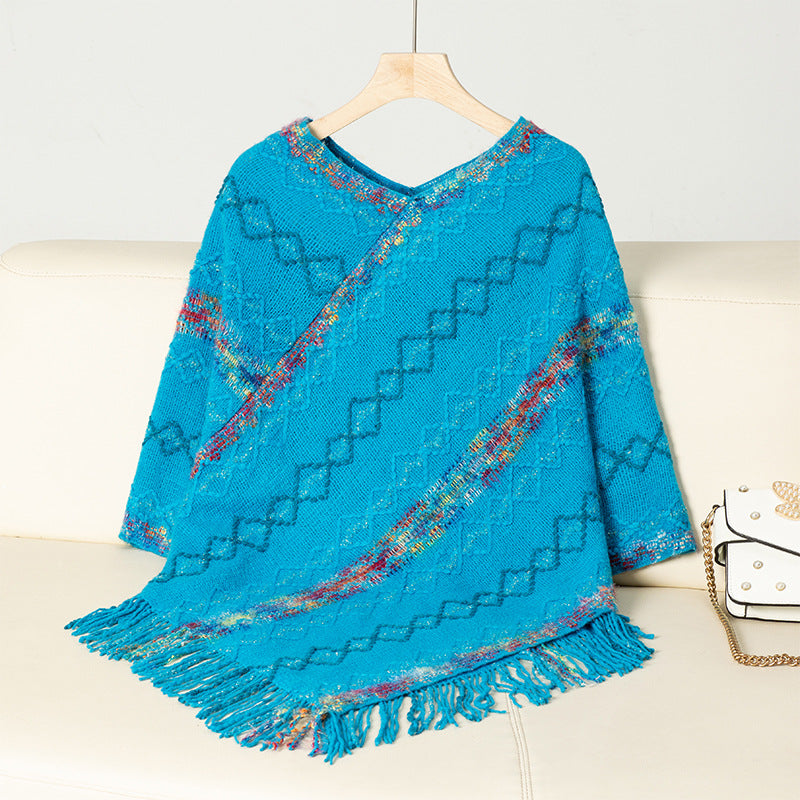 Ladies fashion wrap sweater with fringed hem and unique pattern