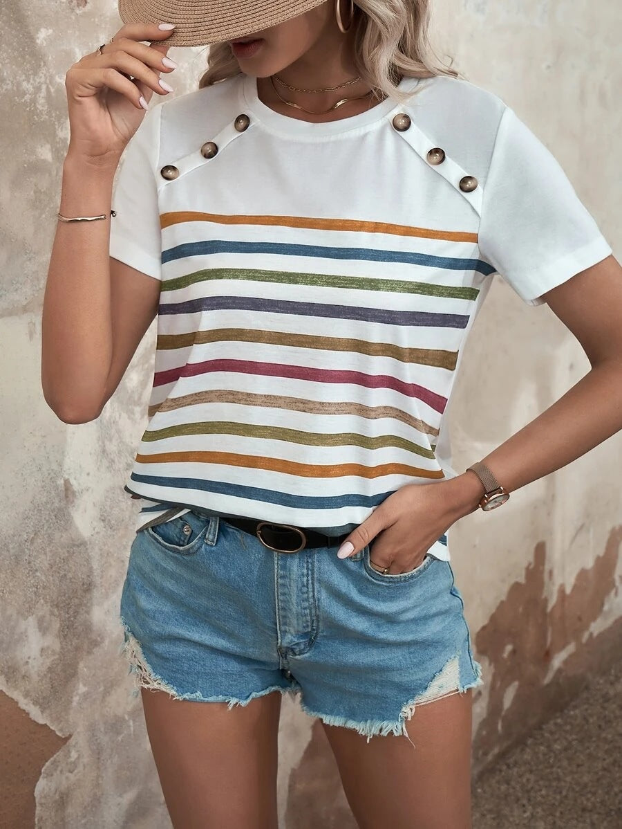 Women striped T-shirt with stylish button details and round neck