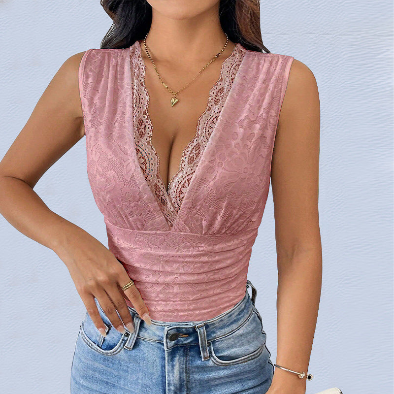 Women's lace top with V-neck and gathered design