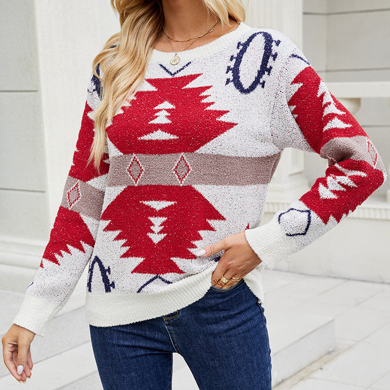 Women's patterned knit pullover with modern ethnic pattern