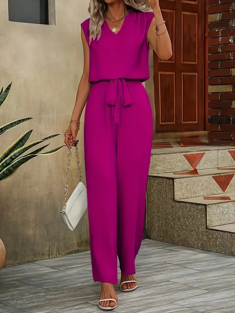 Women's Elegant Jumpsuit with V-Neck and Waist Knot