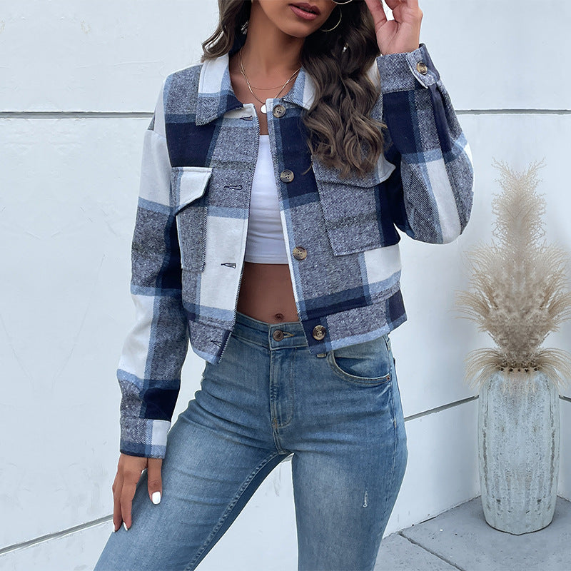 Women's Checked Denim Jacket with Buttons and Chest Pockets