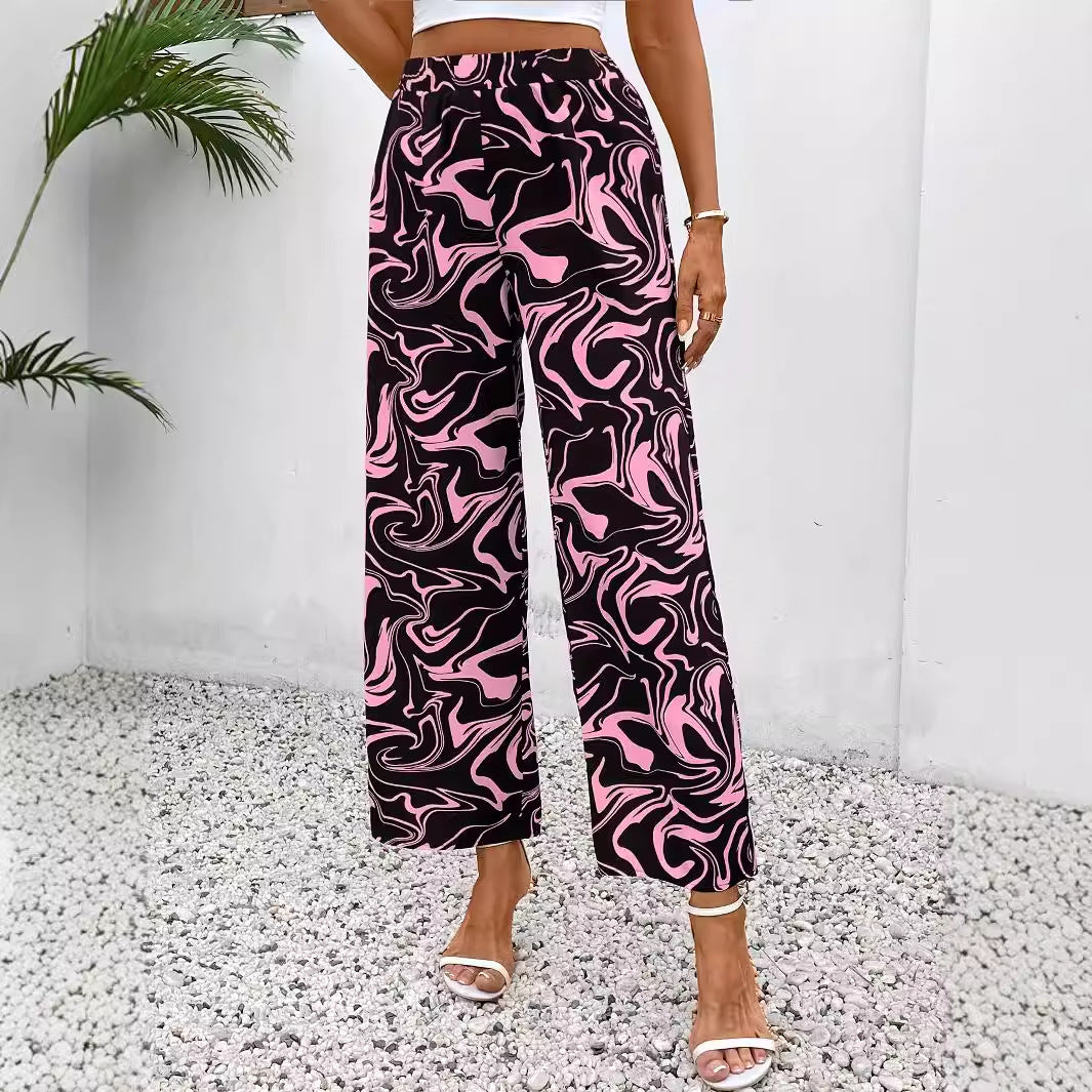 Ladies Wide Palazzo Pants with Modern Marble Print and Elastic Waistband