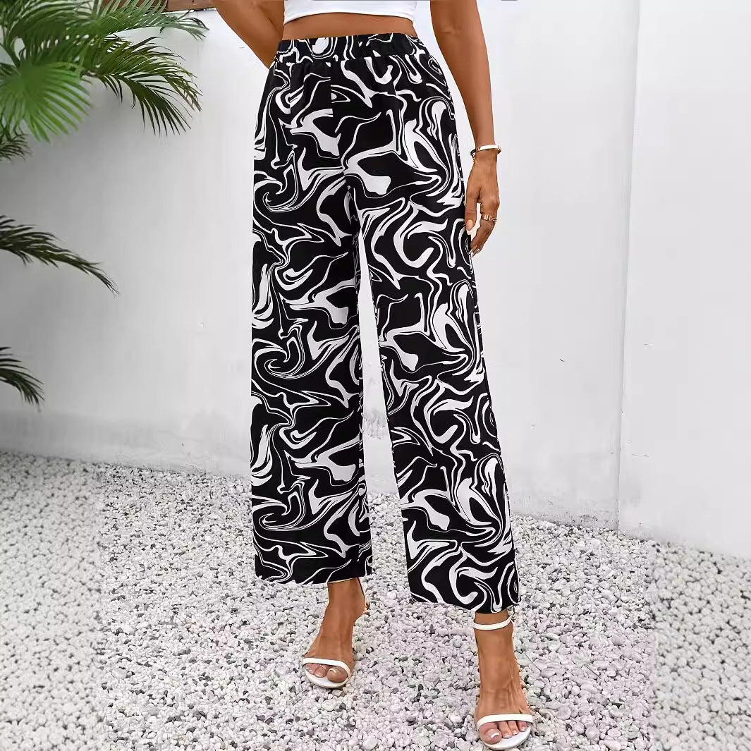 Ladies Wide Palazzo Pants with Modern Marble Print and Elastic Waistband
