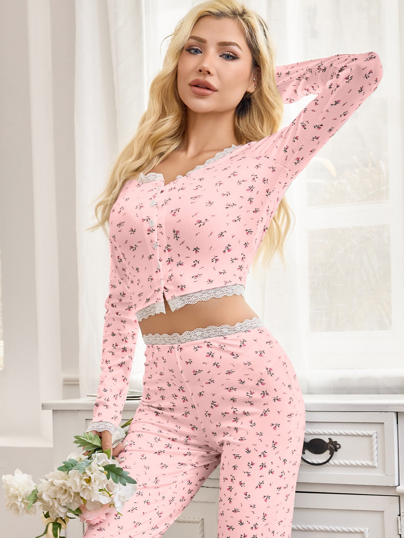Ladies' Pajama Set with Delicate Floral Design