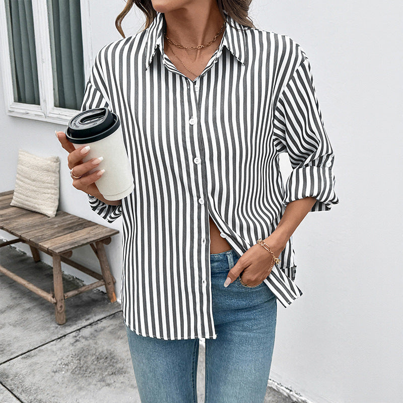 Women's striped blouse shirt with modern collar and comfortable sleeve cuffs