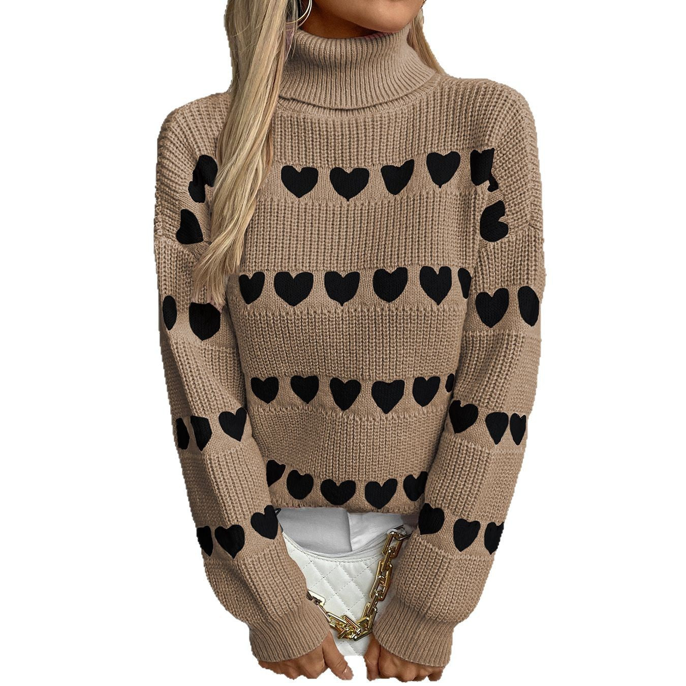 Women's knitted pullover with heart pattern and high collar