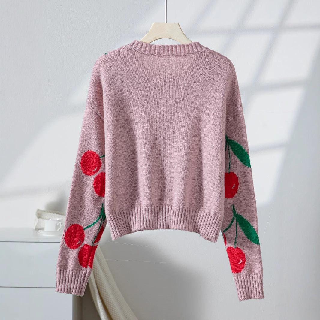 Women's casual pullover with fruity cherry pattern and soft knit