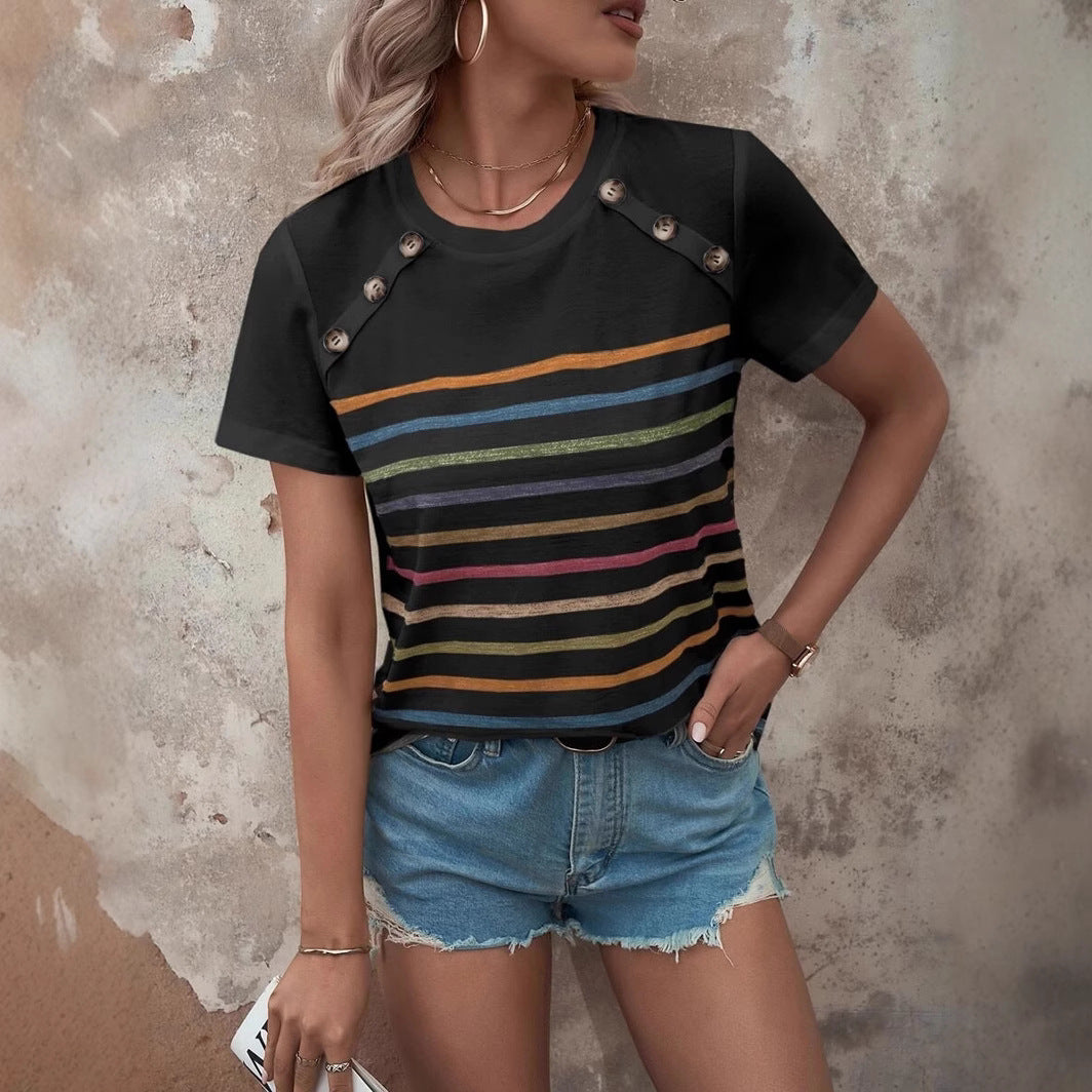 Women striped T-shirt with stylish button details and round neck