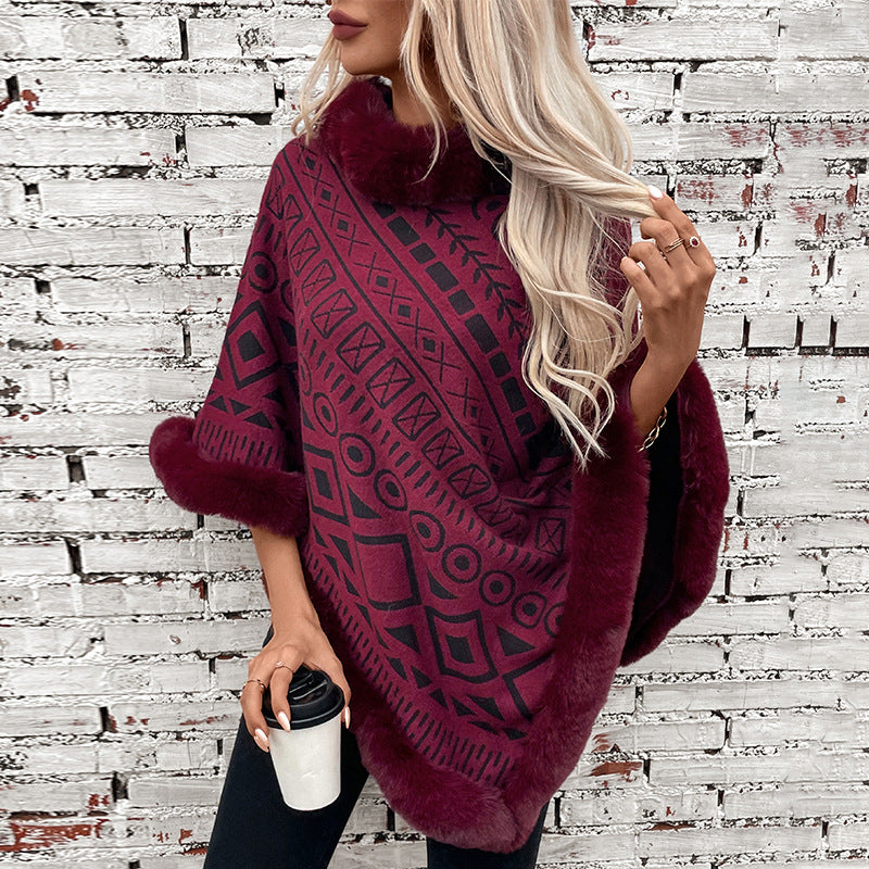 Women's fashionable poncho with decorative faux fur collar