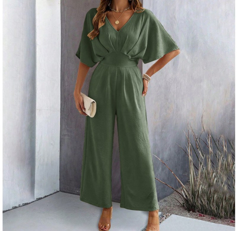 Ladies Wide Cut Jumpsuit with Elegant Draping and V-Neck