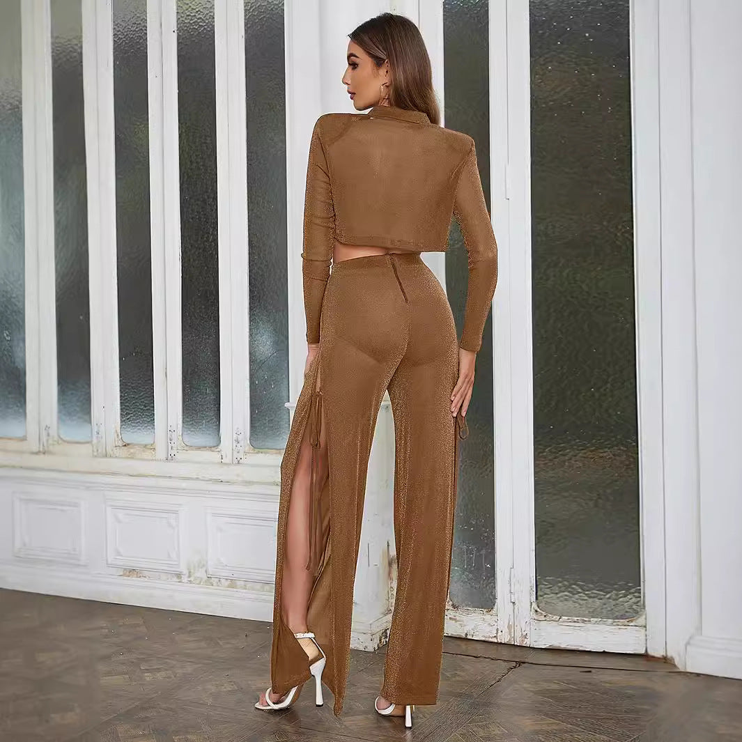 Women's Elegant Cropped Blazer Set with Side Slit and Long Sleeves