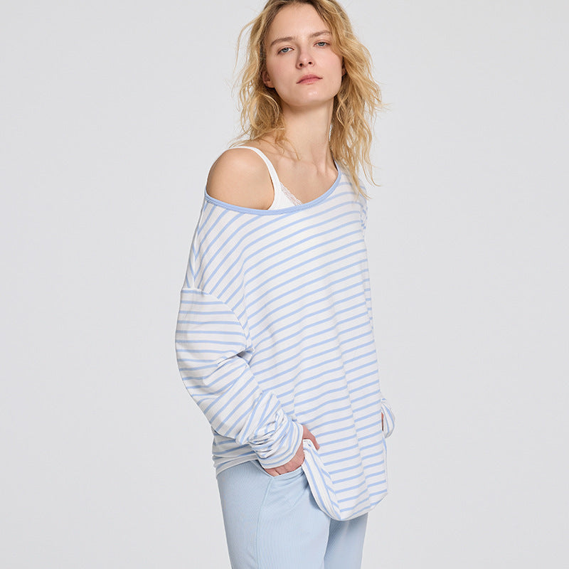 Women's casual long sleeve shirt made of lightweight fabric with a nostalgic striped pattern