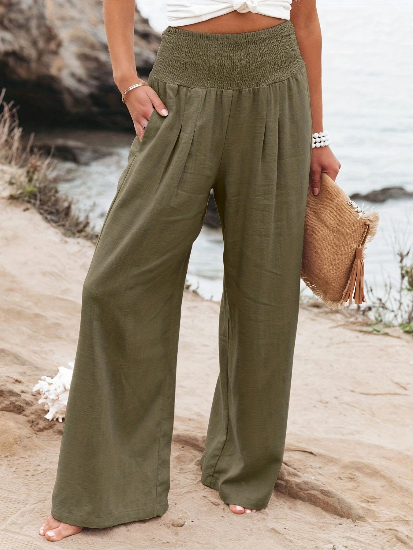 Ladies long, wide linen pants with elastic waistband