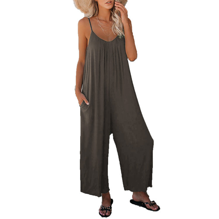 Women's Casual Jumpsuit with Wide Legs and Practical Pockets