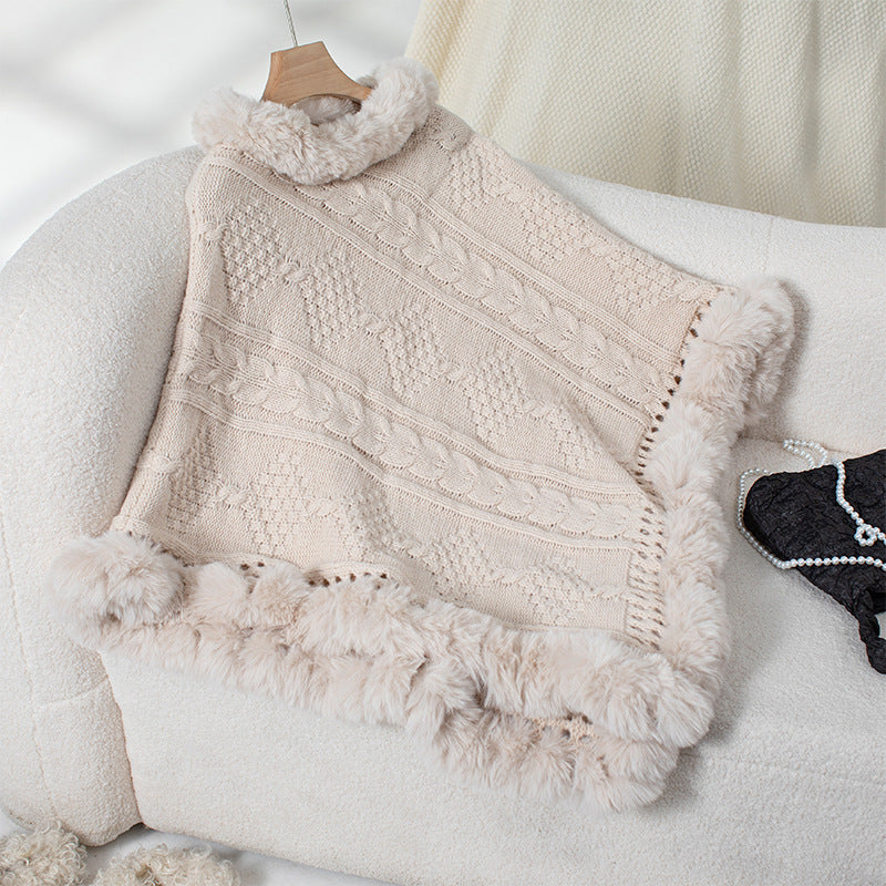 Women's cozy knitted poncho with velvety fur trim